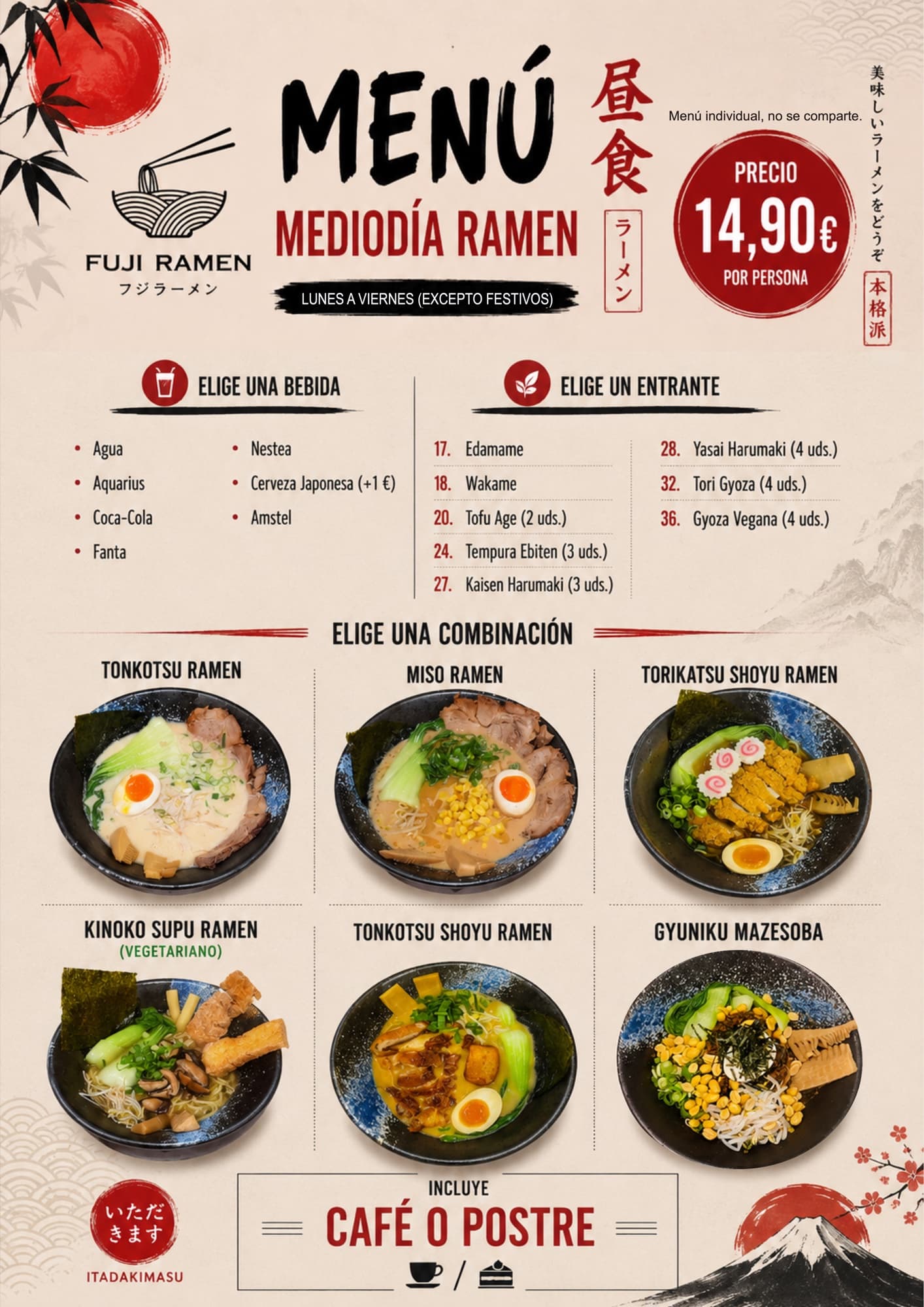 Cartel del menú mediodía de ramen de Fuji Ramen con bebidas, entrantes y seis combinaciones de ramen
